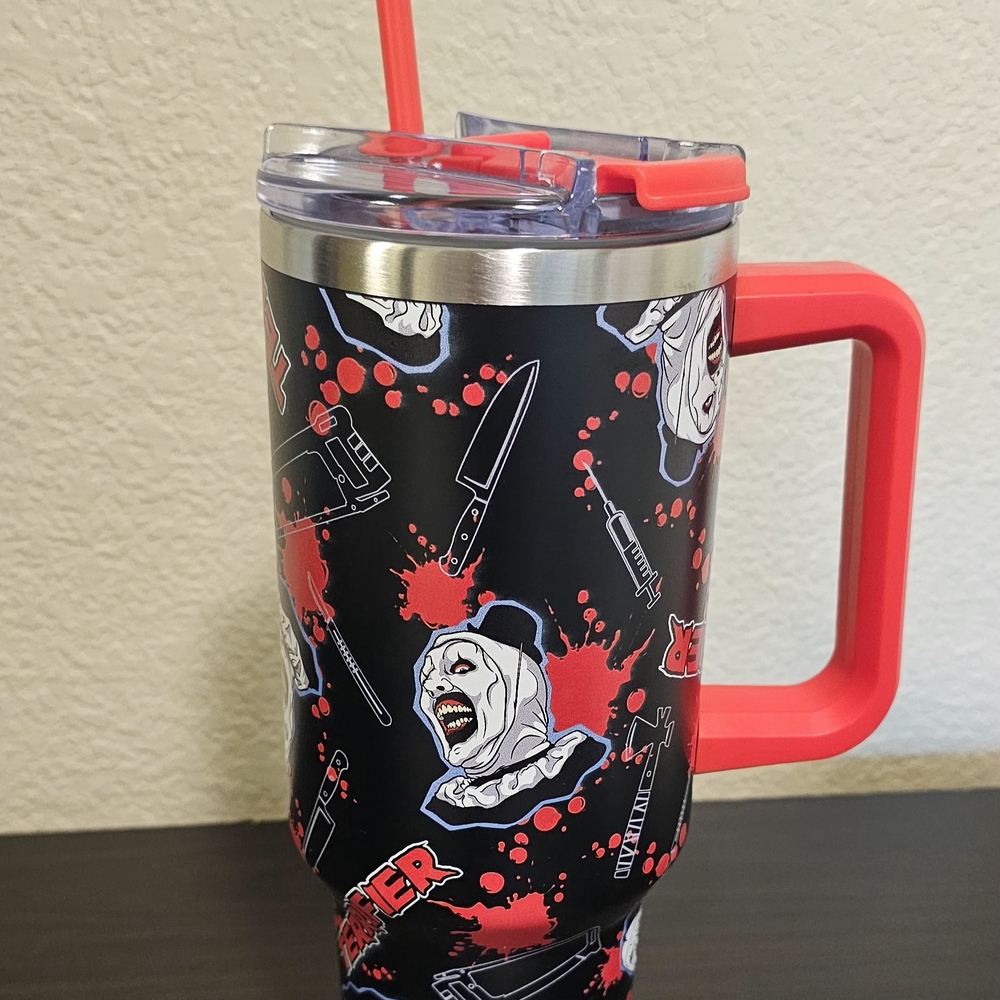 Terrifier Horror-Themed Black and Red Tumbler with Straw